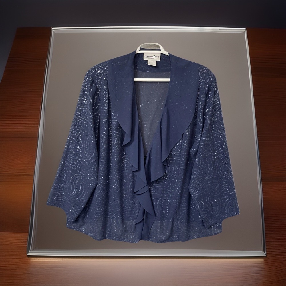Another Thyme Blue Glitter Tunic Cover Up Top Formal Plus‎ 30W Chiffon Sheer
